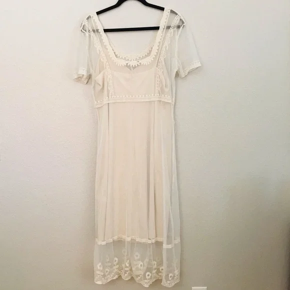 Zara Embroidered Long Sheer Dress in Ivory Sz Large. - Picture 2 of 6